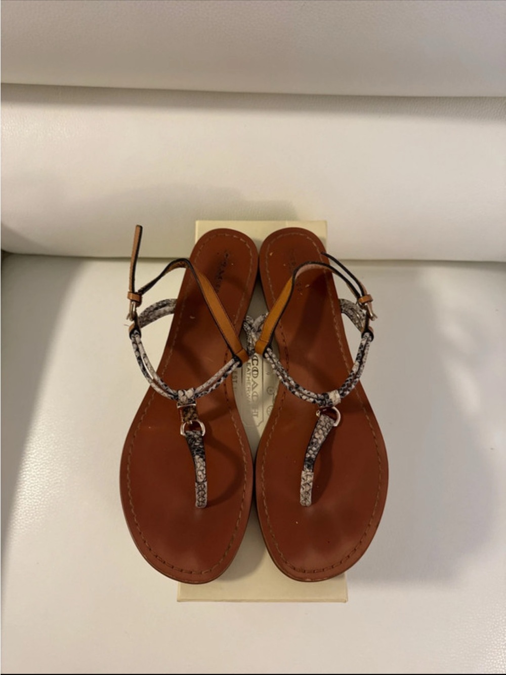 COACH BROWN LEATHER T-STRAP SANDALS WITH SNAKESKIN TRIM